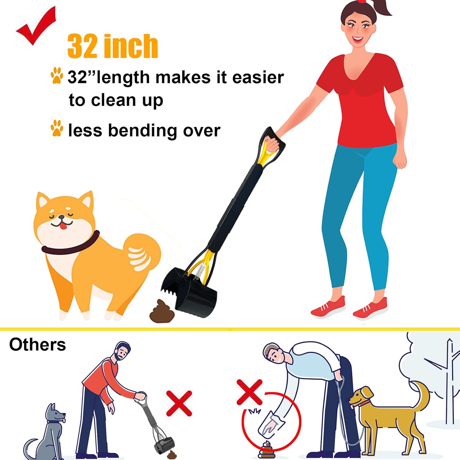 32“ Tall Pooper Scooper, Large Pooper Scooper for Dogs Heavy Duty, Dog Pooper Scooper with Long Handle & High Strength Durable Spring, Foldable Dog Poop Pick Up